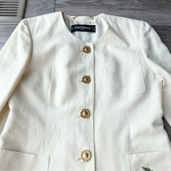 Vintage Louis Feraud Set Ivory Linen Blend Palm Tree Beaded Accent Blazer - Picture 5 of 16